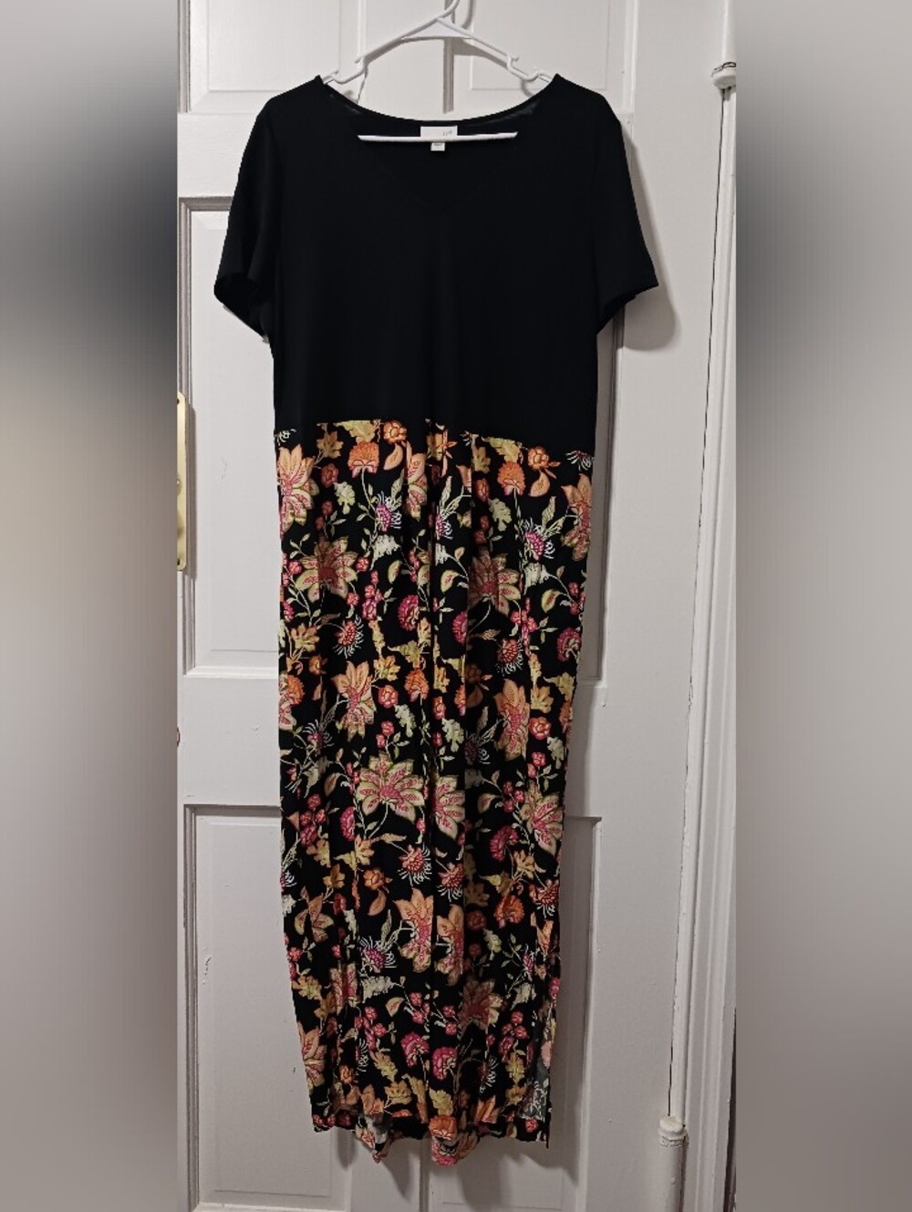J. Jill Womens Black Floral Maxi Dress Petite Large Pockets V-neck Resortwear